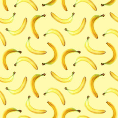 Fototapeta na wymiar Seamless pattern with bananas isolated on yellow. Watercolor illustration.