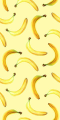 Seamless pattern with bananas isolated on yellow. Watercolor illustration.