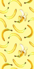 Seamless pattern with bananas isolated on yellow. Watercolor illustration.