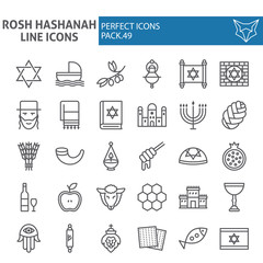 Rosh Hashanah line icon set, shana tova symbols collection, vector sketches, logo illustrations, israel signs linear pictograms package isolated on white background.