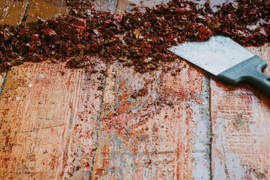 Old Wooden Floor And Scraper Tool With Paint Scraped - Wooden Floor Renovation