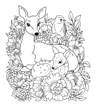 Vector illustrations zentangl. Family of deer and bird among the flowers. Coloring book. Antistress for adults and children. Work done in manual mode. Black and white.