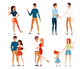 Set of man and women in casual clothes and with kids cartoon character design flat vector illustration isolated on white background