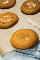 typical Dutch food from the oven, called eierkoek, egg biscuit
