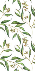 Seamless floral pattern with eucalyptus branches. Watercolor illustration.