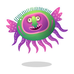 Colorful purple monster with long tentacle and wings is flying