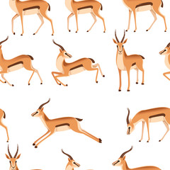 Seamless pattern of african wild black-tailed gazelle with long horns cartoon animal design flat vector illustration on white background side view antelope © Alfmaler