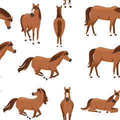 Seamless pattern of brown horse wild or domestic animal cartoon design flat vector illustration on white background