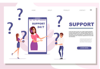 Concept customer support and operator online technical support 24-7 on smartphone display cartoon character design flat vector illustration website page design