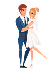 Man and women wedding in love hugging couple cartoon character design flat vector illustration on white background