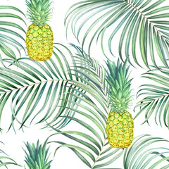 Seamless pattern with pineapples and tropical branches. Watercolor illustration.
