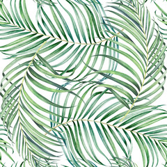 Seamless pattern with palm branches. Watercolor hand drawn illustration.