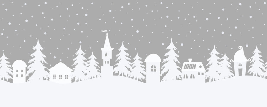 Christmas background. Fairy tale winter landscape. Seamless border. There are fantastic houses and fir trees on a gray background. White silhouettes and snowing in the image. Vector illustration