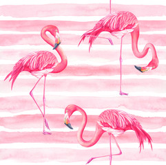 Seamles striped pattern with flamingos. Hand drawn watercolor illustration.