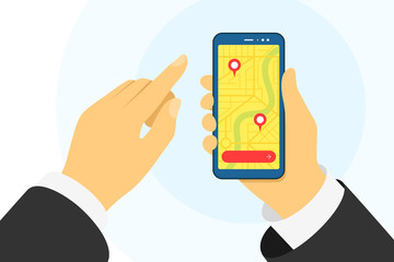 Hand holding phone and city map with gps navigation marker pins location on screen. Mobile tracking navigator app. Flat smartphone application vector illustration