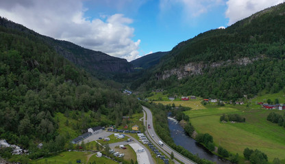 Fototapeta na wymiar Tvindefossen waterfall near Voss (Norway). Aerial(drone) view on Reppen, Skulestadmo.