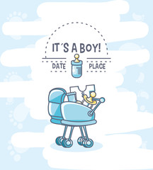 Fototapeta na wymiar it is a boy baby shower card with baby cart