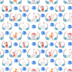 Cute rescue animals in frames blue flowers. Wild zoo in floral frames watercolor illustrations set. Goose, mouse cartoon characters Wildflowers and poppies. Semless pattern on white background