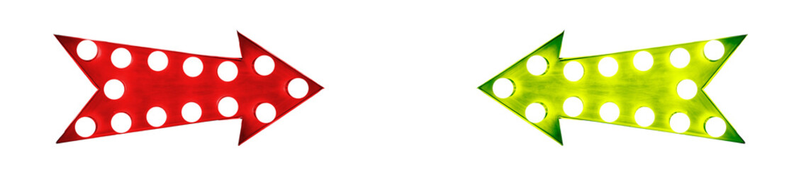 Red and green right and left vintage retro arrows illuminated with light bulbs in opposing directions isolated on large wide banner white background.