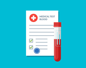Blood test tube container and medical lab form list with results data and approved check mark vector illustration. Flat clinical exam checklist document with results. Medicine service concept