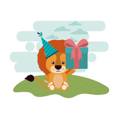 cute lion with gift box in landscape