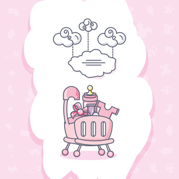 baby shower card with crib and clouds