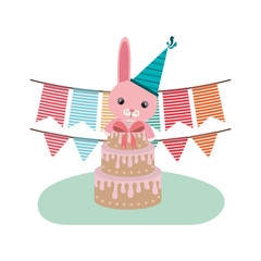 cute bunny with cake of happy birthday