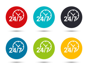 24/7 clock icon flat round button set illustration design