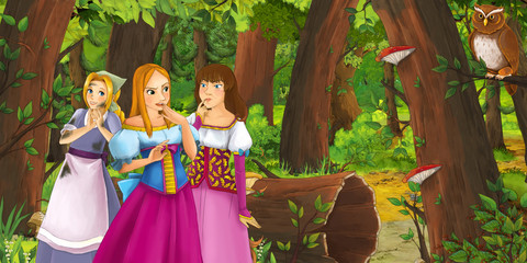 cartoon scene with happy young girl princess in the forest encountering pair of owls flying - illustration for children