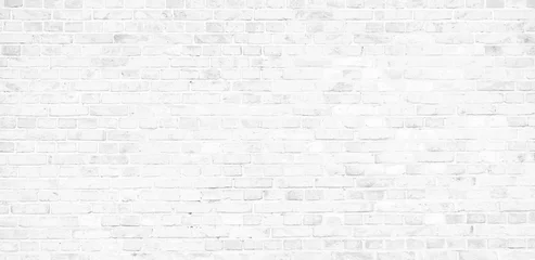 Photo sur Aluminium Mur de briques Mur de briques blanches simple avec des nuances de gris clair sans soudure de fond de texture de surface au format panoramique large de la bannière.