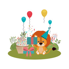 Fototapeta premium cute lion with cake of happy birthday