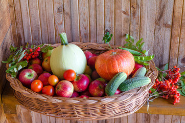 basket with vegetables and fruits on a wooden background. harvesting autumn and summer harvest. pumpkin, zucchini, apple, rowan, pea, cherry. soft focus. copy space.