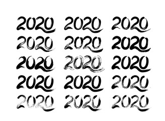 2020 Hand drawn numbers with brush isolated on white. Vector set of 15 hand written textured figures for New Year or Holidays party. Grunge calligraphy lettering. Easy to edit template for your design