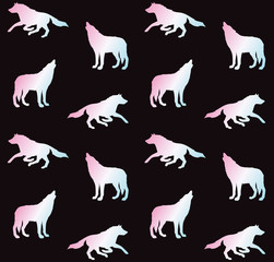 Vector seamless pattern of holographic wolf silhouette isolated on black background