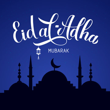 Eid al-Adha calligraphy lettering and silhouette of mosque against night sky. Kurban Bayrami typography poster. Islamic traditional festival. Vector template for banner, greeting card, flyer, etc.