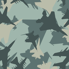 Seamless subtle gray military jet fighters aircraft silhouettes camouflage pattern vector