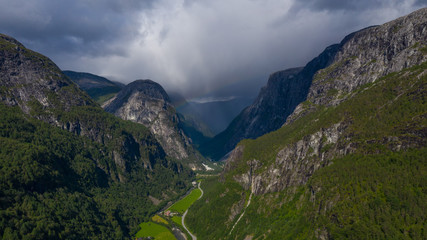 the beautiful view on Naeroydalen valley and peaks on Stalheim, Voss in Hordaland, Norway.