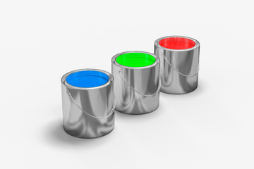 The buckets of colorful paint with white background, 3d rendering.