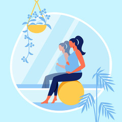 Obraz na płótnie Canvas Pregnant Woman Sitting on Fitness Ball near Mirror