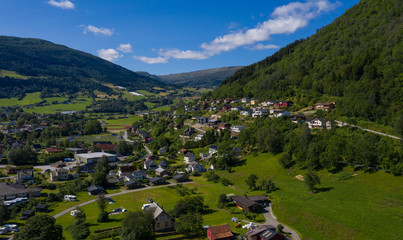 Fototapeta na wymiar Vik, Norway - july, 2019: Vik port, Vik is a municipality in Sogn og Fjordane county. It is located on the southern shore of the Sognefjorden in the traditional district of Sogn. Aerial(drone) photo.
