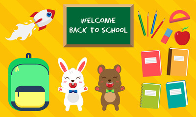 Back to school. Vector set of education icons in kawaii style. Bunny and bear with bow tie, green bag, book, pen, apple, ruler, rocket, eraser, labels
