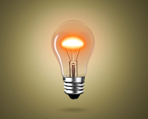 One lightbulb with bright yellow light to illuminate dark background, 3D rendering.