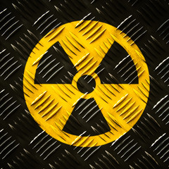 Radioactive (ionizing radiation) round yellow and black danger symbol painted on a massive steel...