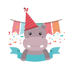 cute hippo with party hat on white background