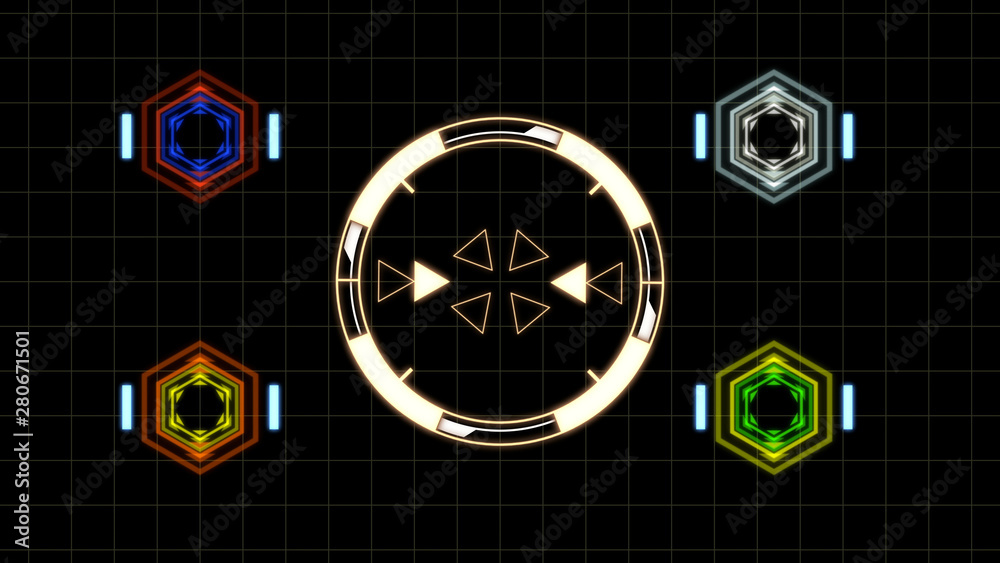 Poster HUD Futuristic Spin Crosshair Circles User Interface Target Point Monitor Concept. Abstract Rotate UI Gadget Element Hi Technology Illustration.