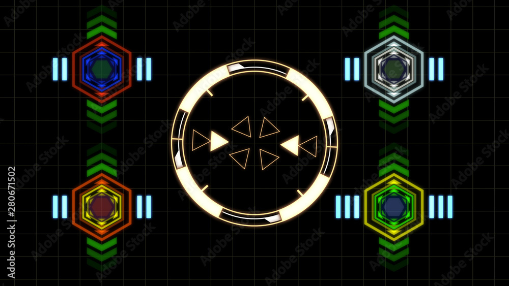Poster HUD Futuristic Spin Crosshair Circles User Interface Target Point Monitor Concept. Abstract Rotate UI Gadget Element Hi Technology Illustration.