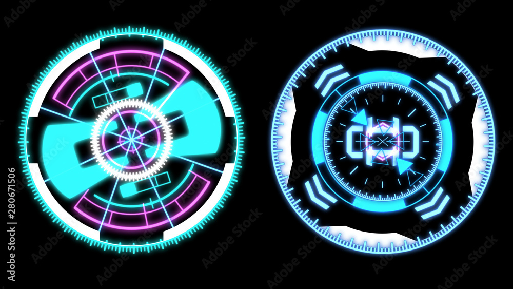 Poster HUD Futuristic Spin Crosshair Circles User Interface Target Point Monitor Concept. Abstract Rotate UI Gadget Element Hi Technology Illustration.