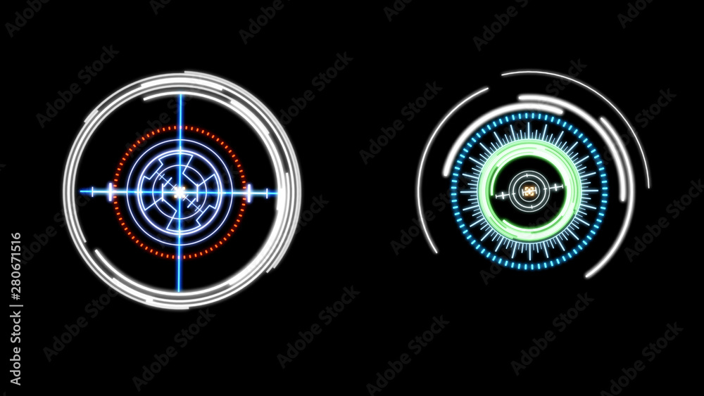 Poster HUD Futuristic Spin Crosshair Circles User Interface Target Point Monitor Concept. Abstract Rotate UI Gadget Element Hi Technology Illustration.