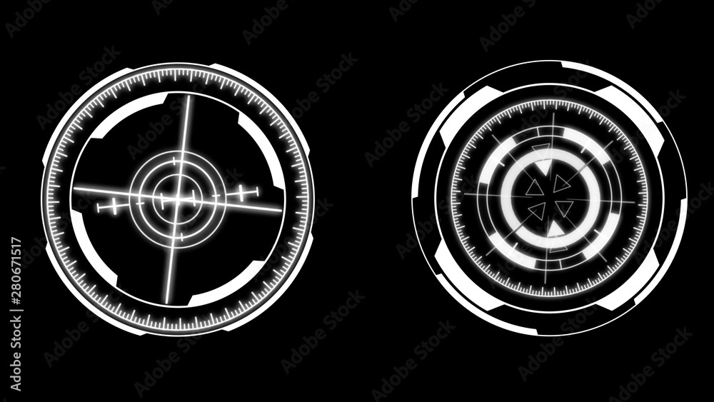 Poster HUD Futuristic Spin Crosshair Circles User Interface Target Point Monitor Concept. Abstract Rotate UI Gadget Element Hi Technology Illustration.