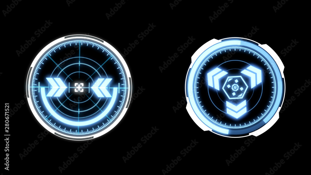 Poster HUD Futuristic Spin Crosshair Circles User Interface Target Point Monitor Concept. Abstract Rotate UI Gadget Element Hi Technology Illustration.